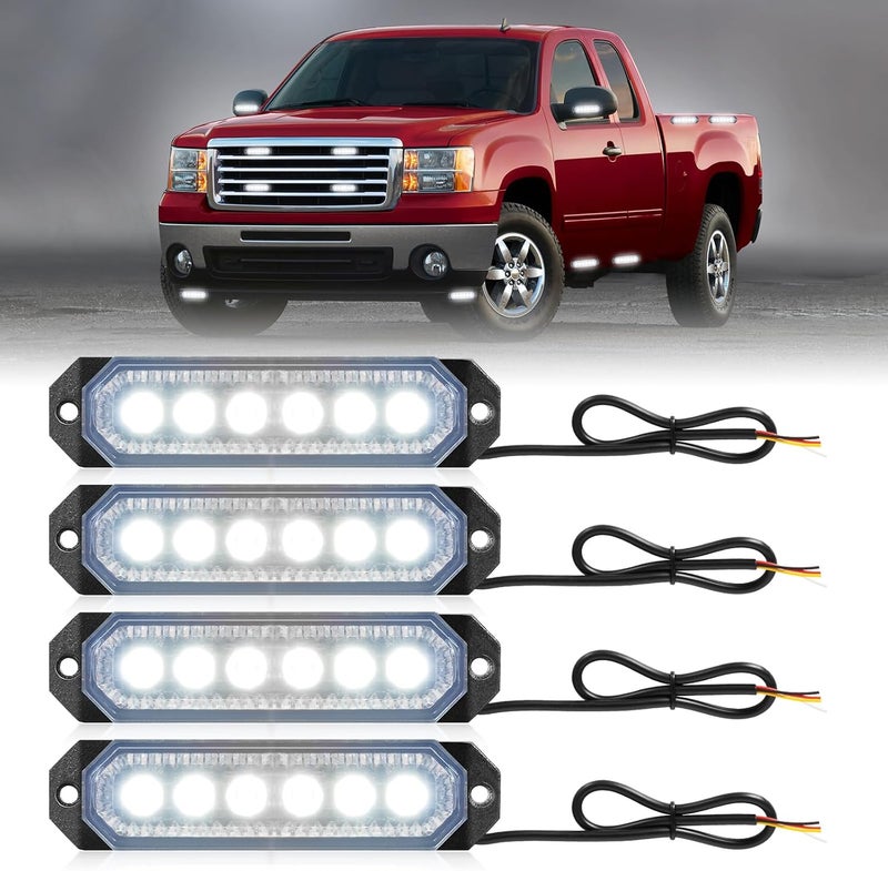 HLauto 406T Emergency Strobe Grille Lights: 4Pcs 6 LED Sync Feature Safety Warning Flashing Light, 12V-24V Ultra Slim Surface Mount Hazard Caution Light for Truck, Vehicle, Car, ATV, UTV (White) - Image 1